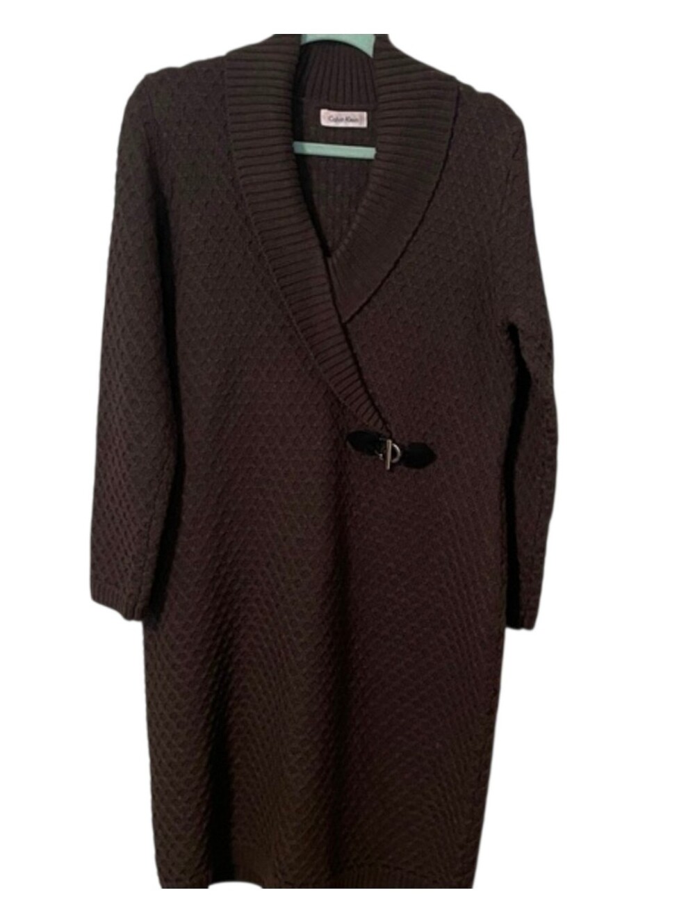 Calvin Klein Charcoal Gray Faux Wrap Sweater Dress Diamond Weave Knit Size L/XL - Picture 5 of 12